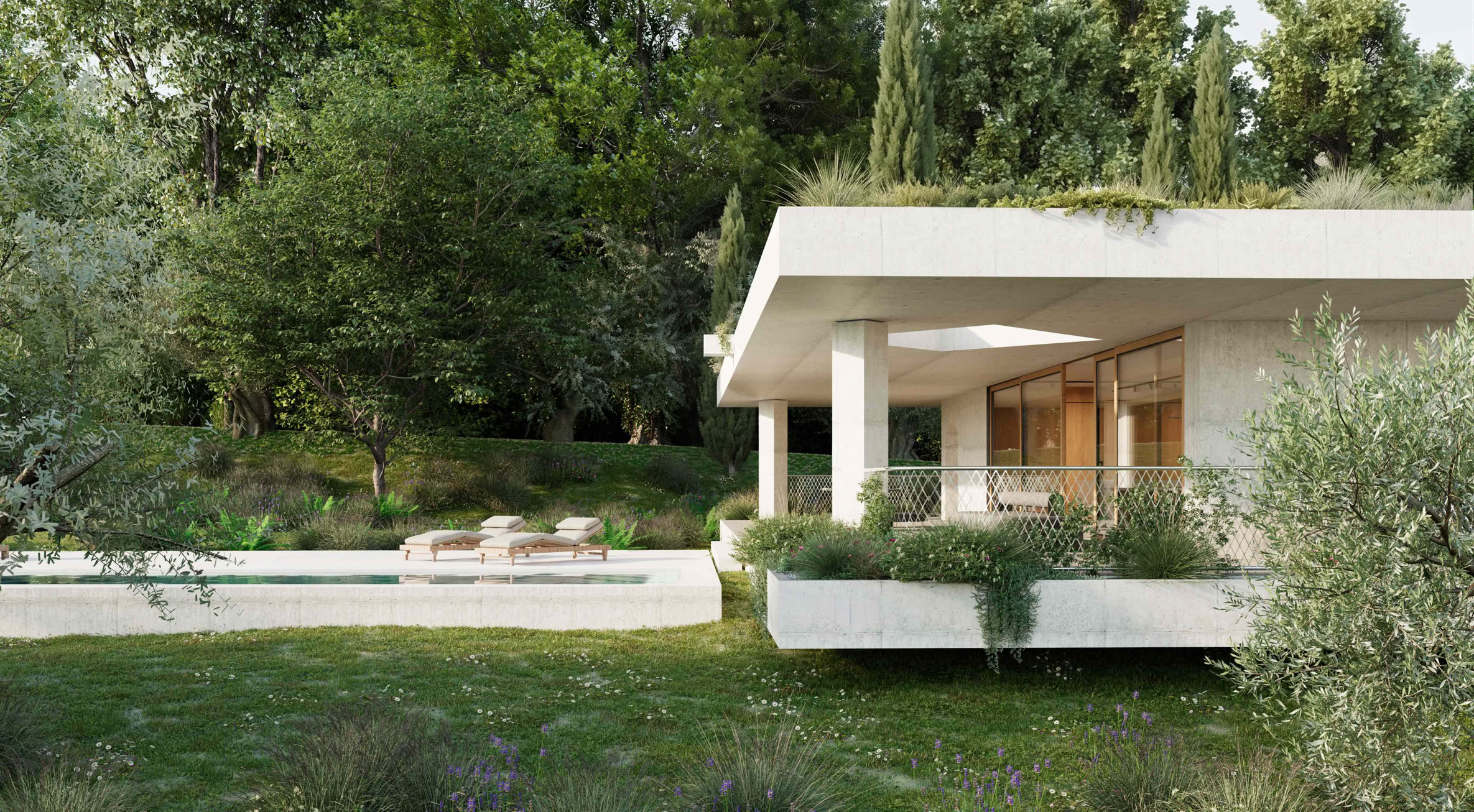 Villa contemporanea con piscina e portico a Soiano del Lago, progettata da MIDE architetti in continuità con il giardino e il paesaggio.