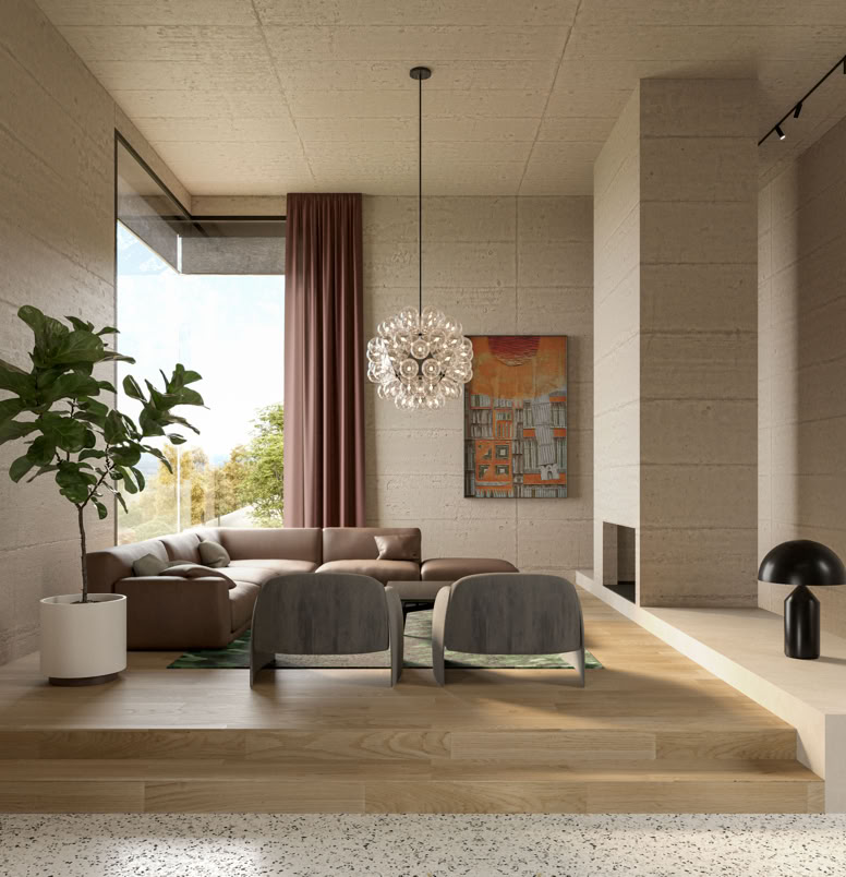 Zona giorno al piano terra con grandi aperture verso il giardino collinare con piscina a sfioro. un esempio di architettura contemporanea in armonia con il territorio.