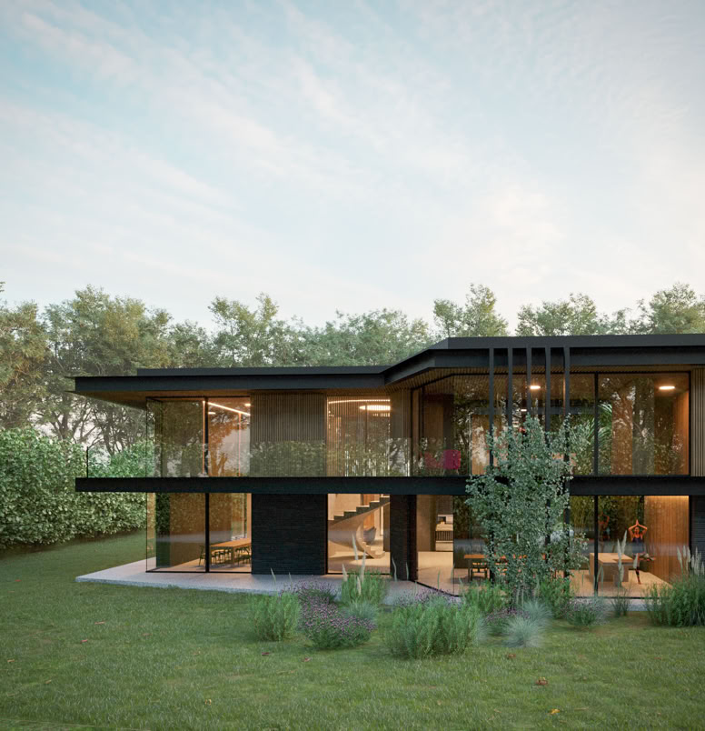 Facade with full-height glass windows ensuring natural brightness and seamless visual continuity with the surrounding landscape.