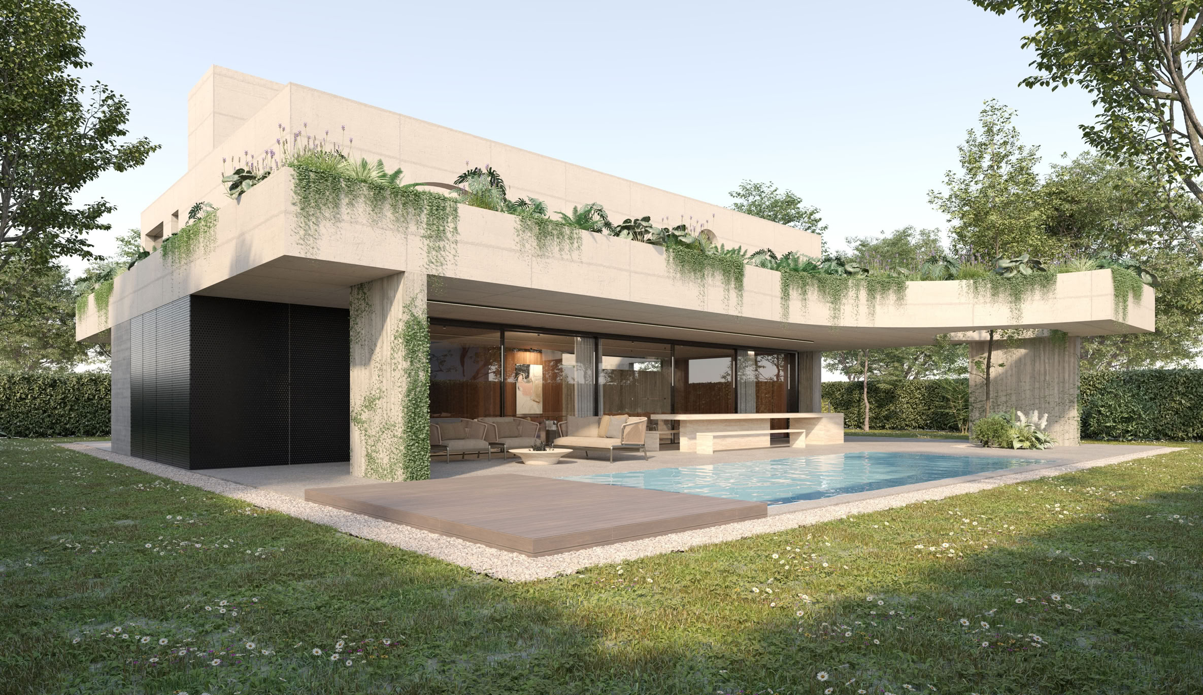 Vista esterna della villa progettata da MIDE architetti con il giardino curato con piscina a corsia lunga e area relax esterna crea un continuum tra architettura e paesaggio