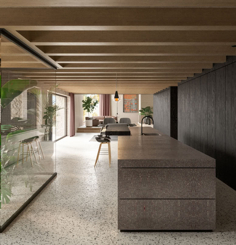 Dettaglio della cucina del progetto di ristrutturazione di un casale in chiave contemporanea realizzato da MIDE architetti. Esempio ditradizione e armonia architettonica in chiave attuale.