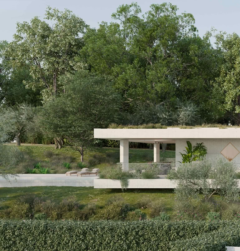 Villa sulla Soglia a Soiano del Lago vista dalla strada: villa contemporanea in calcestruzzo immersa nel verde della Valtenesi.