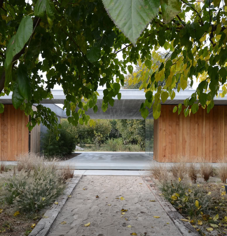 Abitazione unifamiliare a Montebelluna, Treviso. Architettura immersa nel verde con legno e calcestruzzo, grandi vetrate e spazi funzionali.