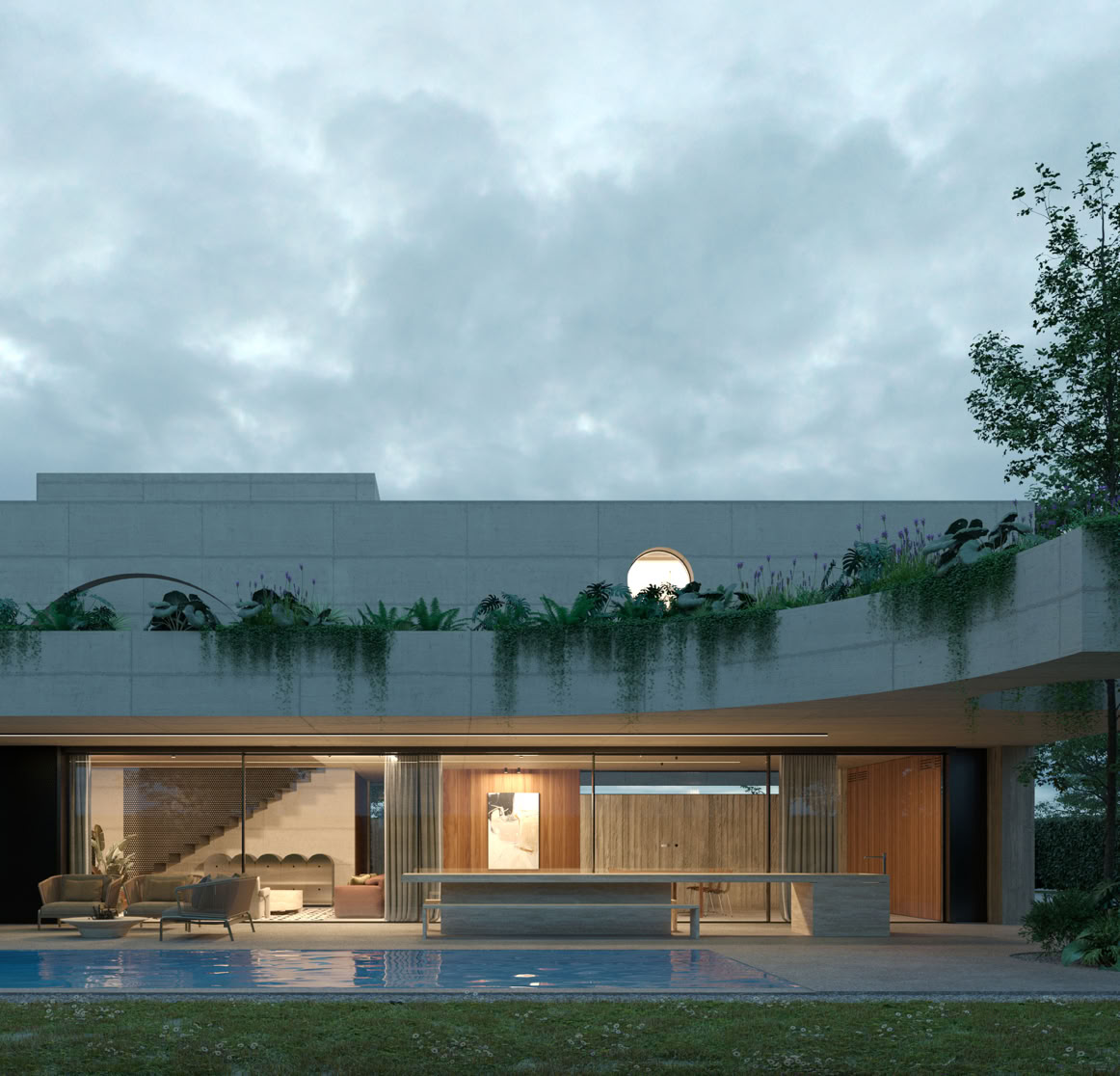 Residenza su tre livelli in calcestruzzo a vista, open space luminosi, arredi iconici e piscina. Progetto contemporaneo firmato MIDE architetti