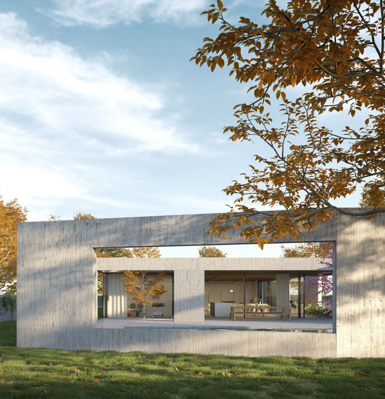 Contemporary single-level villa by MIDE architetti on the Piave River, combining privacy, open-space living, large glass windows, natural materials, and seamless integration with the surrounding landscape.