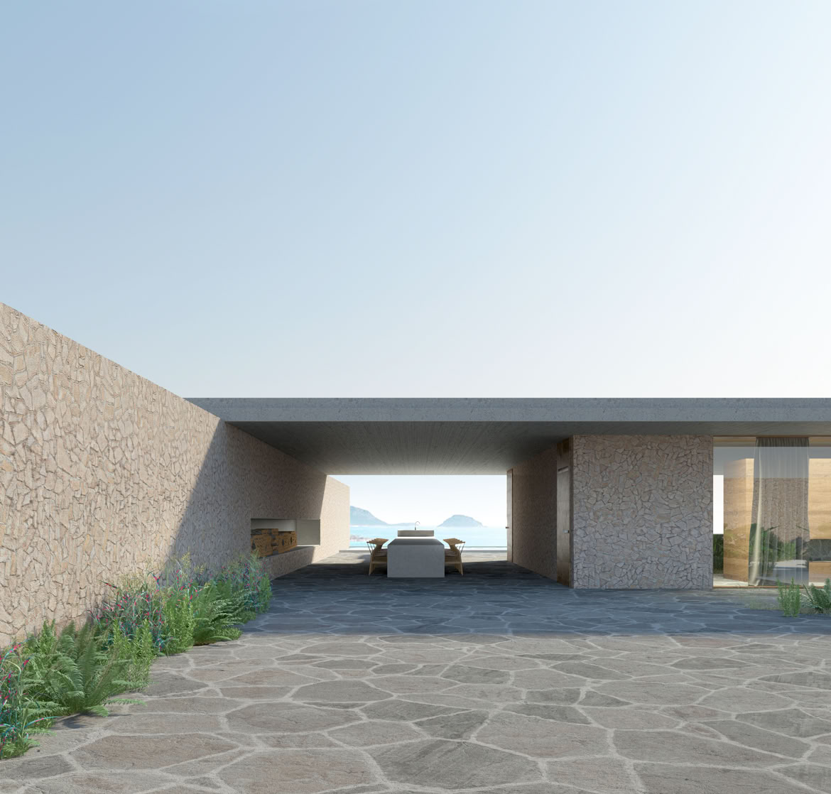 Front view of the contemporary holiday villa in Golfo Aranci, Sardinia, featuring large windows framing panoramic sea views.