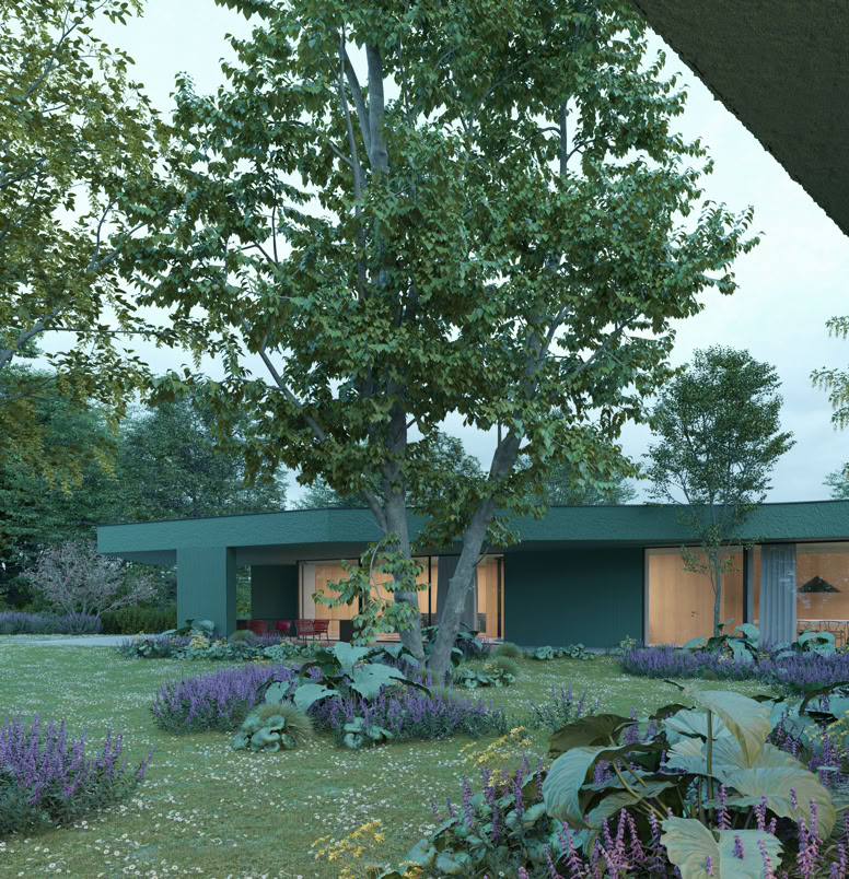 Vista esterna della villa a Selvazzano progettata da MIDE architetti immersa nel verde e disegnata con geometrie pulite che regalano la privacy all'abitazione.