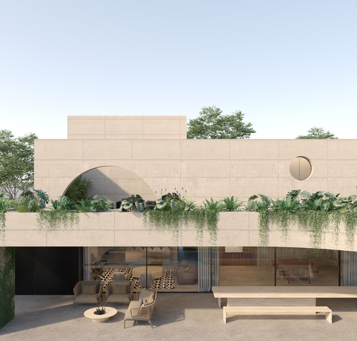 Vista esterna della villa progettata da MIDE architetti con facciata in calcestruzzo a vista, terrazze e giochi di volumi che dialogano con il paesaggio circostante