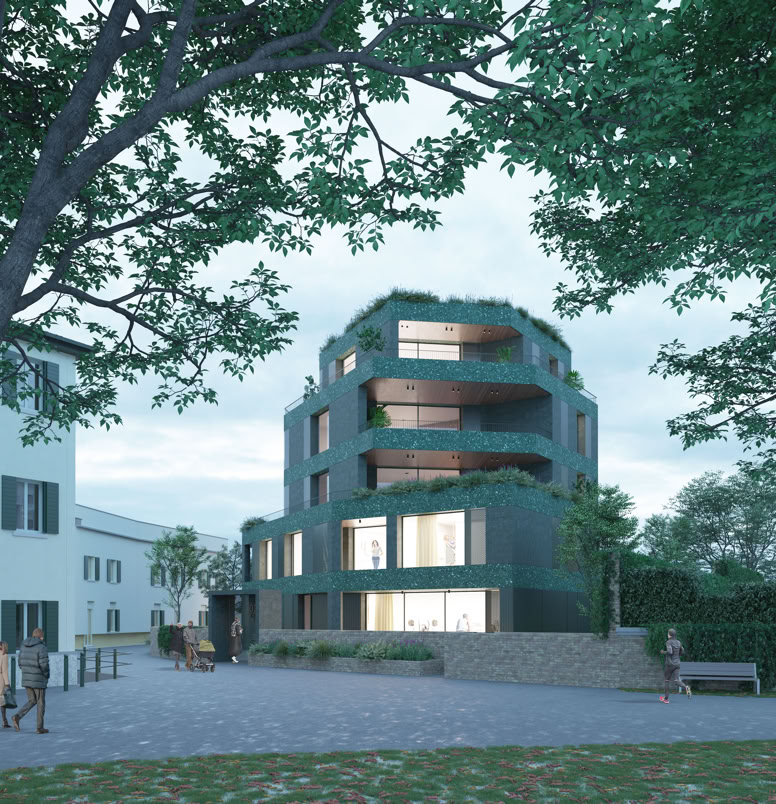 Architettura moderna del condominio a Treviso, progettato con materiali naturali e integrazione nel paesaggio circostante.
