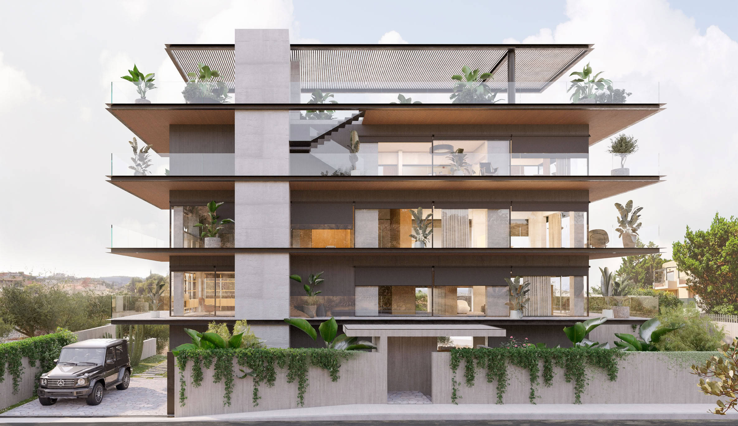 Vista frontale della residenza contemporanea su 5 piani ad Atene, con grandi vetrate che inquadrano la vista panoramica sulle colline.