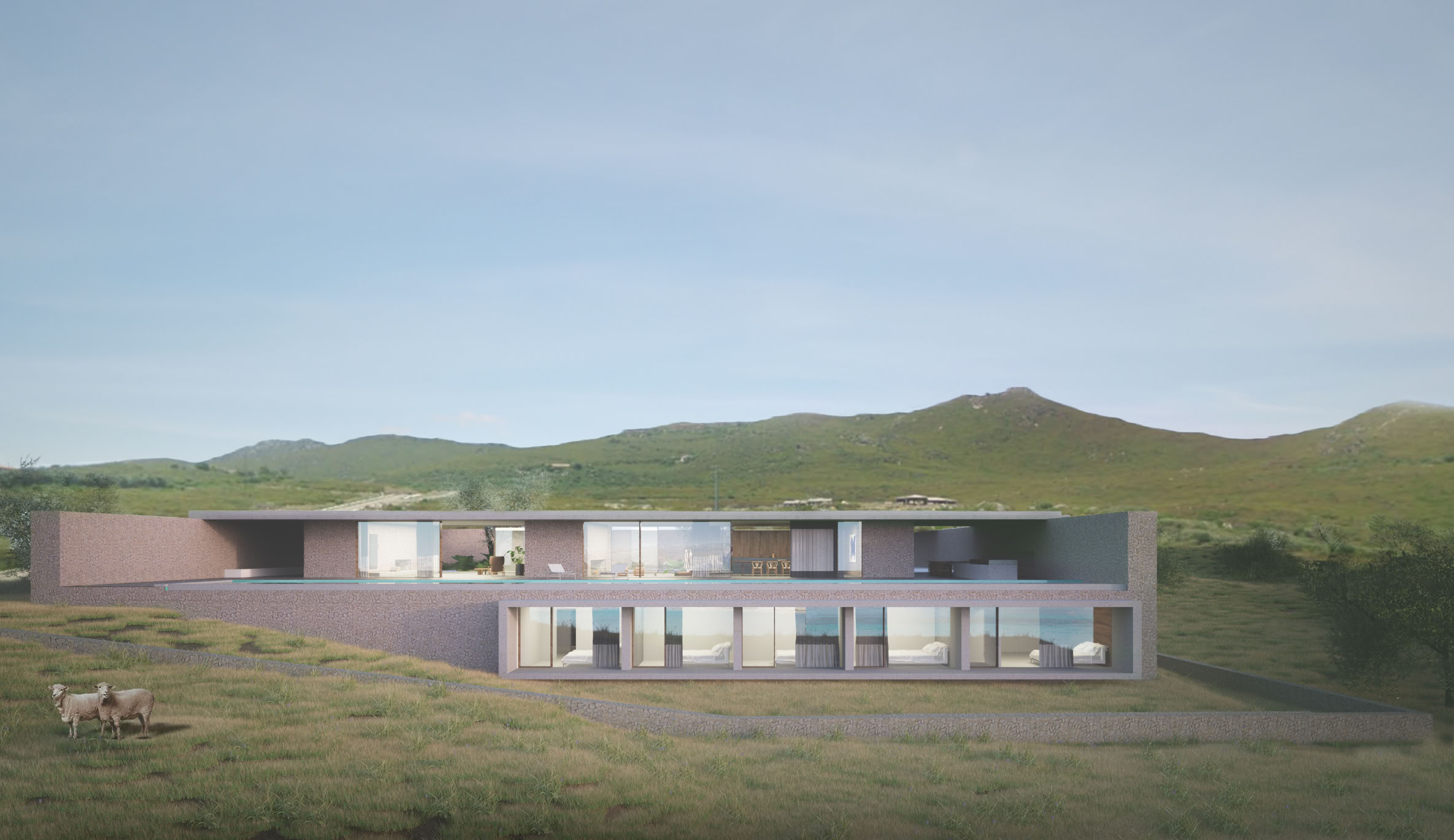 Exterior perspective showing the villa’s integration into the hillside and natural vegetation of Golfo Aranci.