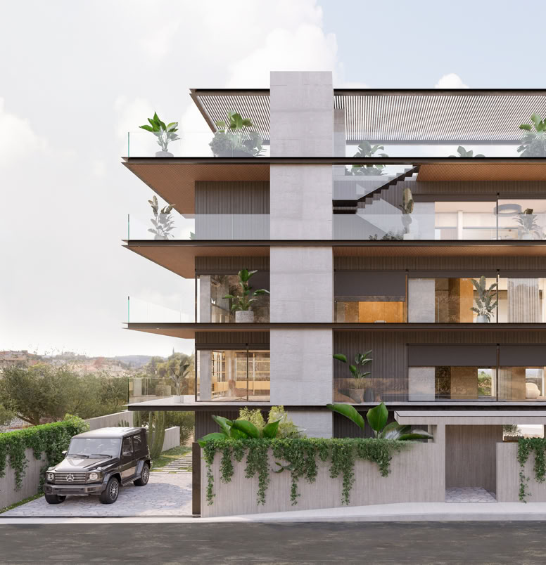Residenza di lusso ad Atene progettata da MIDE architetti, con design contemporaneo, terrazze panoramiche, giardino mediterraneo e vista su colline e mare.