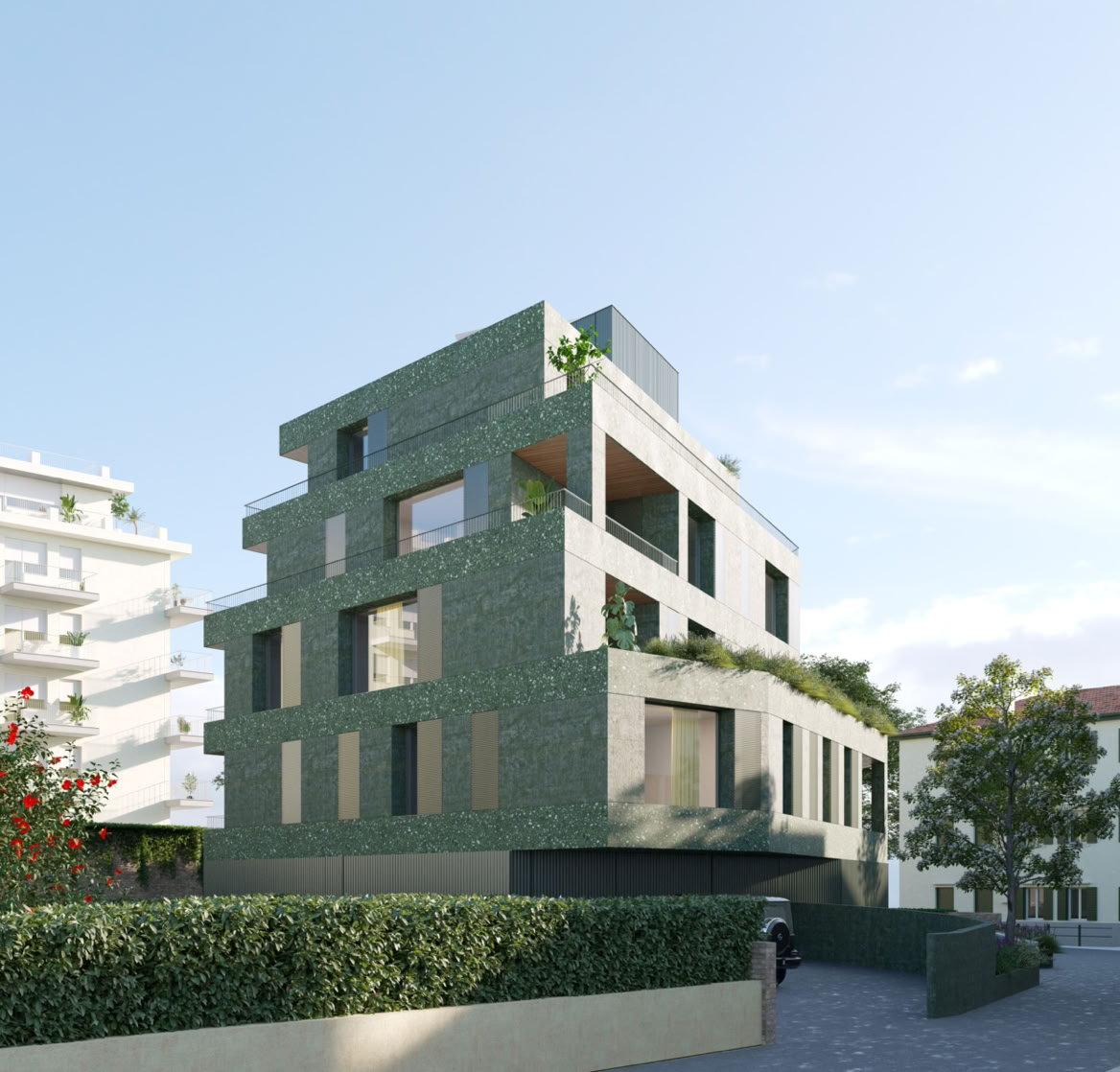 Nuovo progetto di edificio residenziale a Treviso vicino al fiume Sile. Appartamenti con terrazzi, spa, palestra e terrazza. Design sostenibile e contemporaneo.
