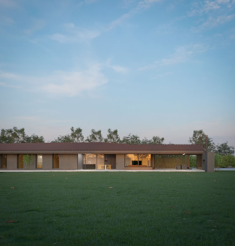 Residenza contemporanea progettata su un unico piano da MIDE architetti, orientata secondo gli assi del graticolato romano e affacciata su un ampio giardino