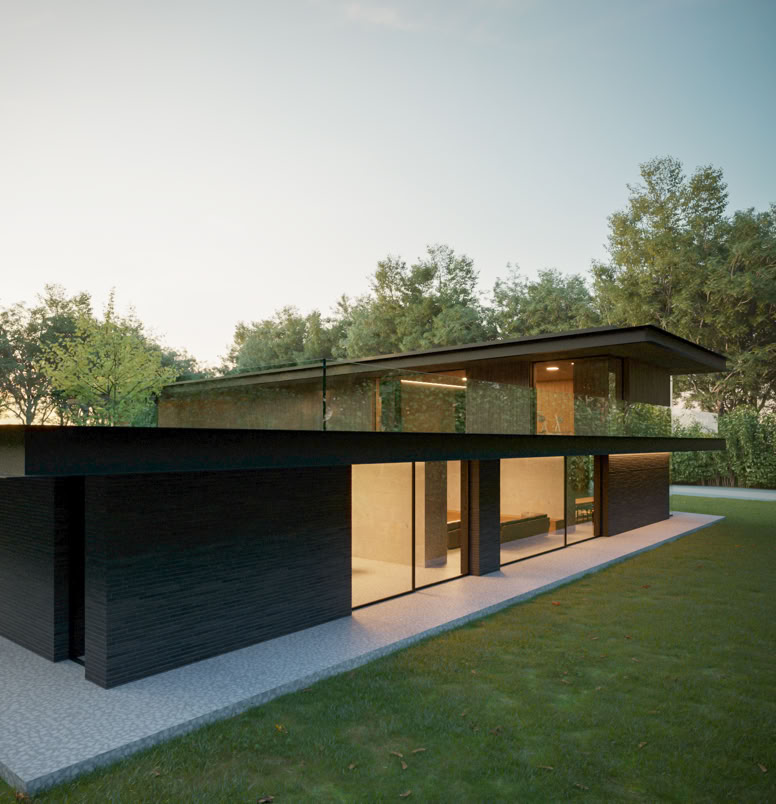 Exterior perspective with natural finishes and wide glass openings, showcasing an elegant and sustainable design.