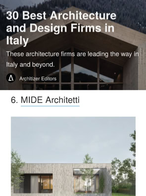 Link alla classifica dei 30 milgiori architetti in Italia in cui Architizer ha incluso anche MIDE architetti.