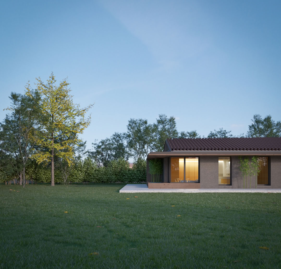 Casa contemporanea su un unico piano con giardino e copertura a falde.