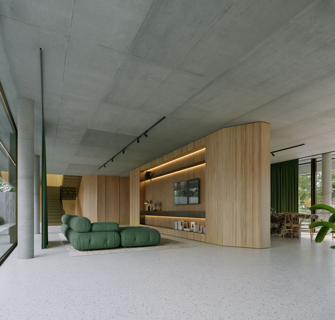 Interno della zona living, caratterizzato da grandi aperture vetrate, materiali di pregio e un design contemporaneo che valorizza la luce e il rapporto con l’esterno.
