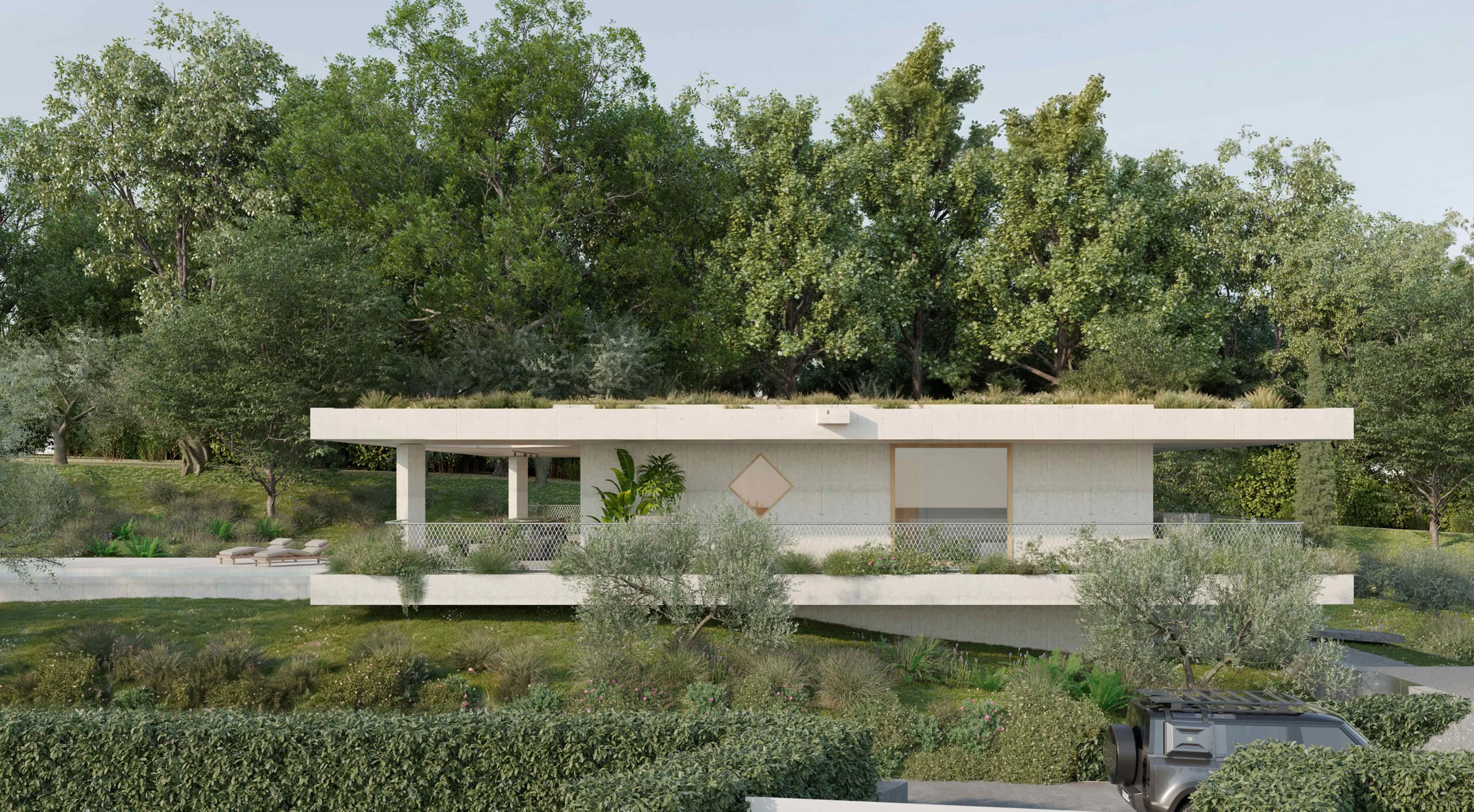 Villa contemporanea con piscina e portico a Soiano del Lago, progettata da MIDE architetti in continuità con il giardino e il paesaggio.