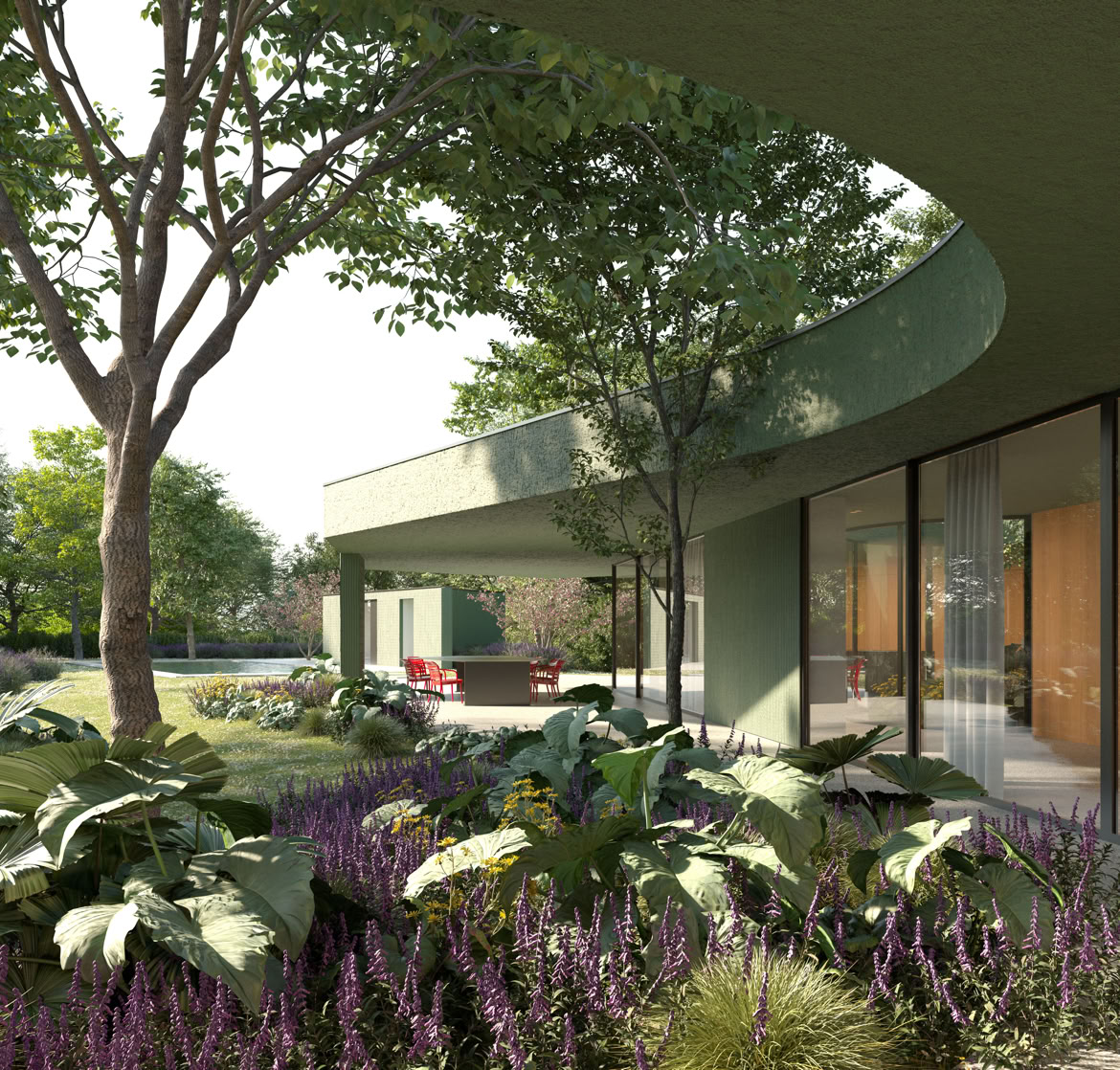 Passaggio porticato e della villa progettata da MIDE architetti a Selvazzano, con volumi lineari e quattro zone con funzioni specifiche.