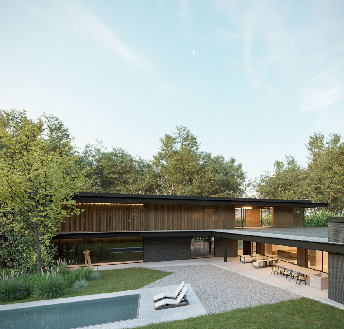 Covered outdoor space extending the living area towards the garden and swimming pool.
