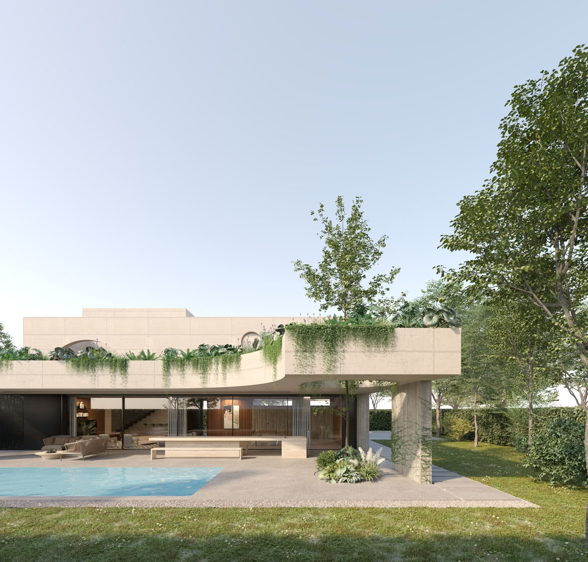 Vista degli esterni contemporanei progettati da MIDE architetti per questa residenza privata su più livelli con ampio giardino e piscina. Terrazze e giochi di volumi dialogano con l'esterno.