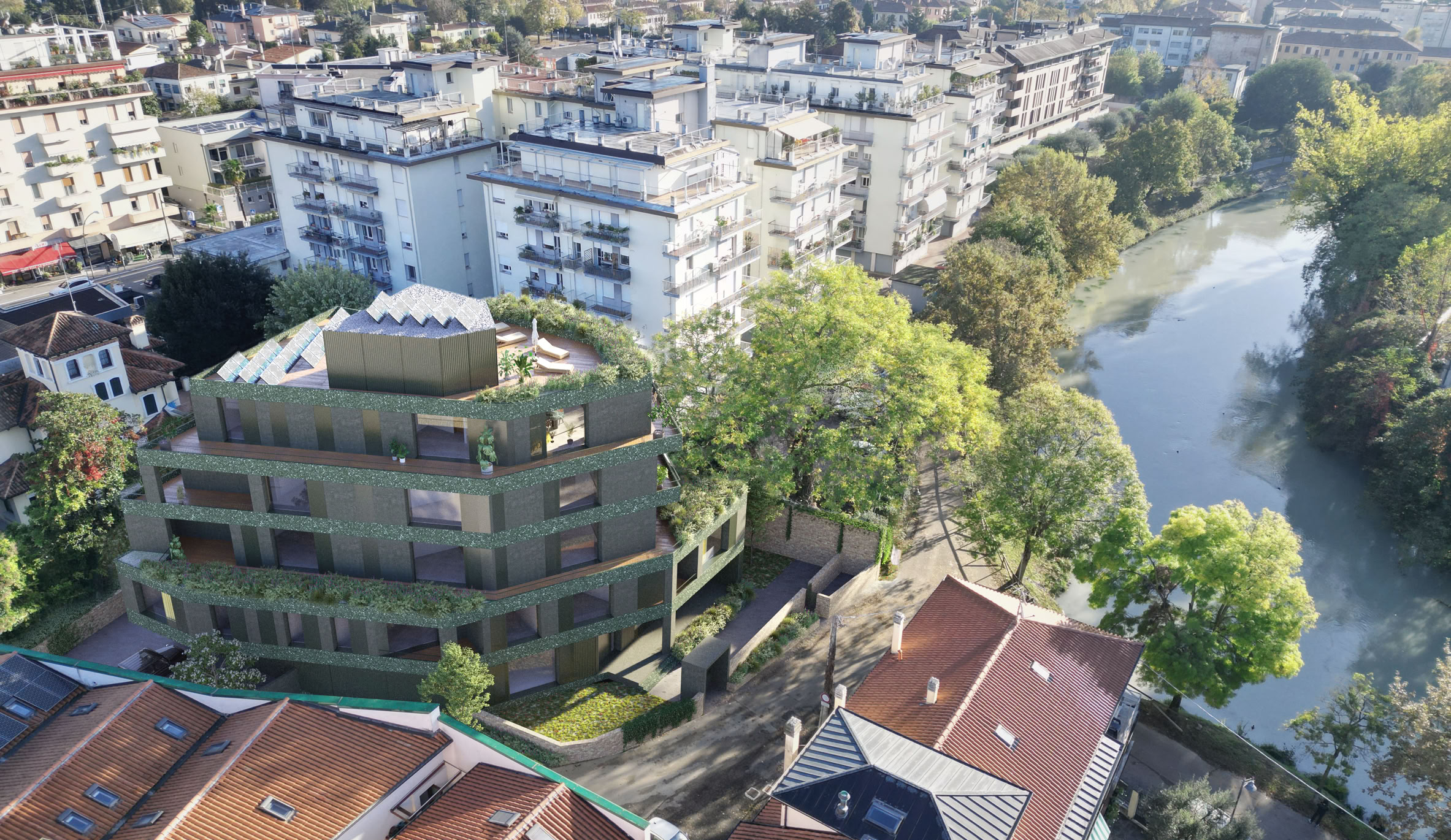 Vista d'insieme del condominio. Terrazza condominiale panoramica con spazi condivisi e pannelli fotovoltaici a Treviso.