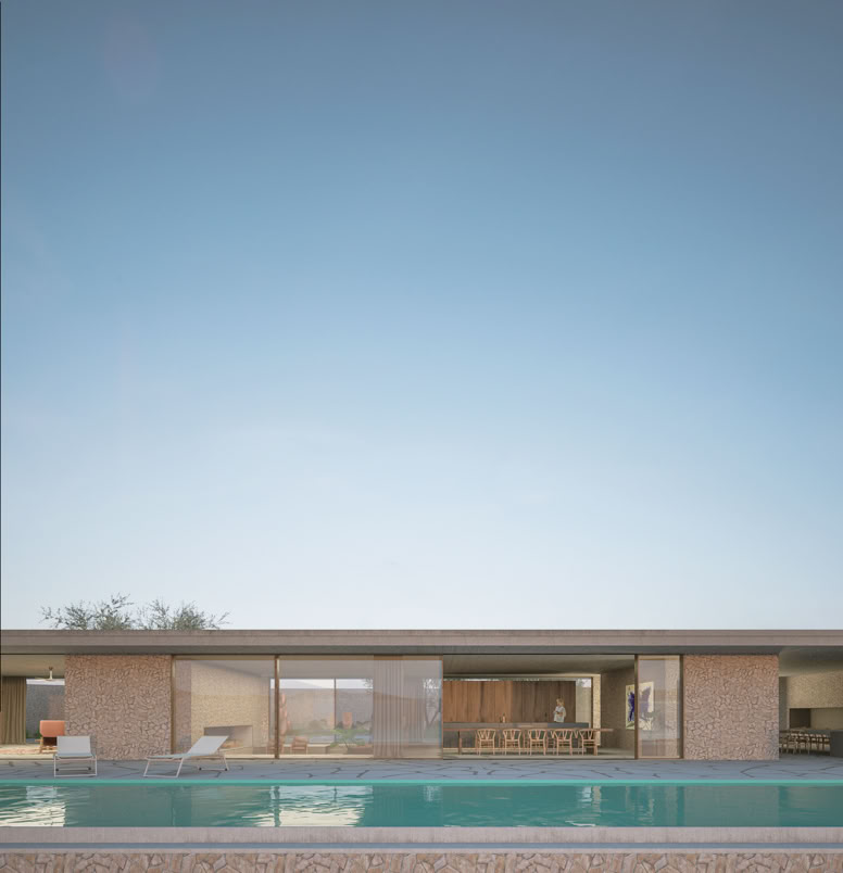Outdoor terrace with reflective water feature, enhancing the view of the sea and integrating indoor-outdoor living.