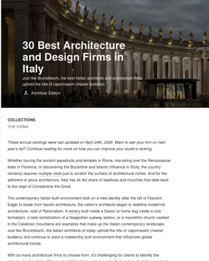Link alla classifica dei 30 milgiori architetti in Italia in cui Architizer ha incluso anche MIDE architetti.