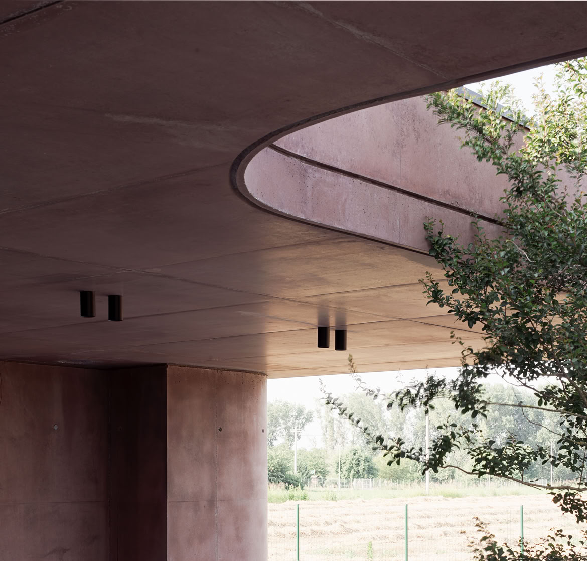 Le curve morbide della villa firmata da MIDE architetti accolgono al loro interno arbusti e alberi che dialogano con la matericità del calcestruzzo.