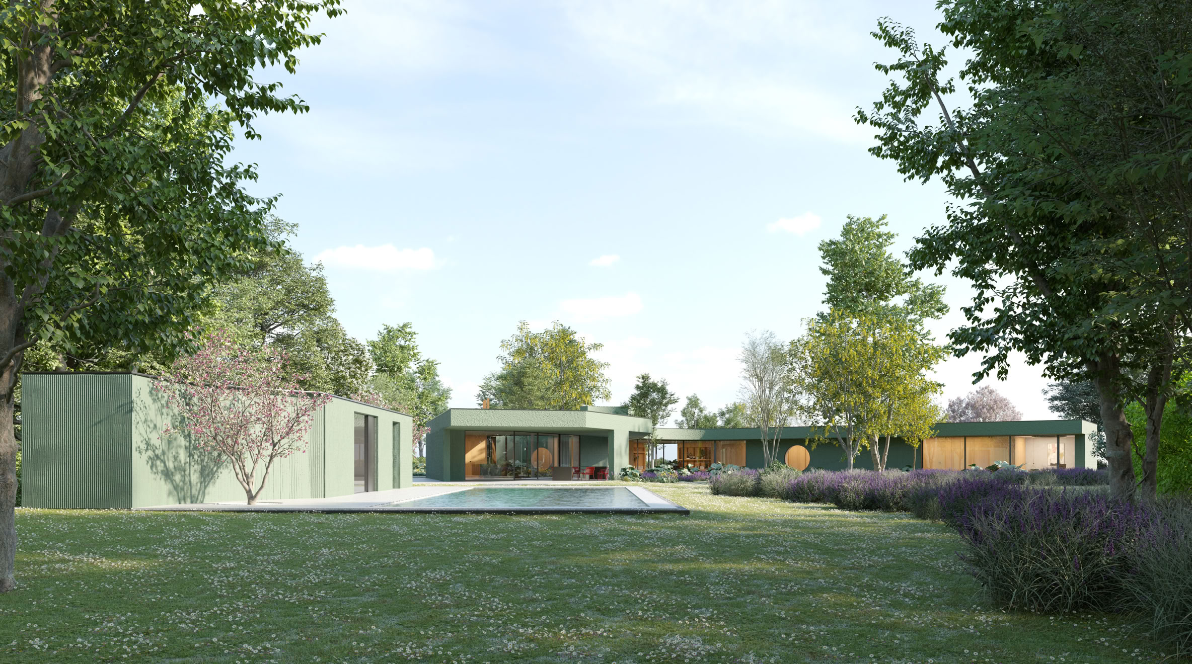 Vista esterna della villa a Selvazzano progettata da MIDE architetti immersa nel verde e disegnata con geometrie pulite che regalano la privacy all'abitazione.