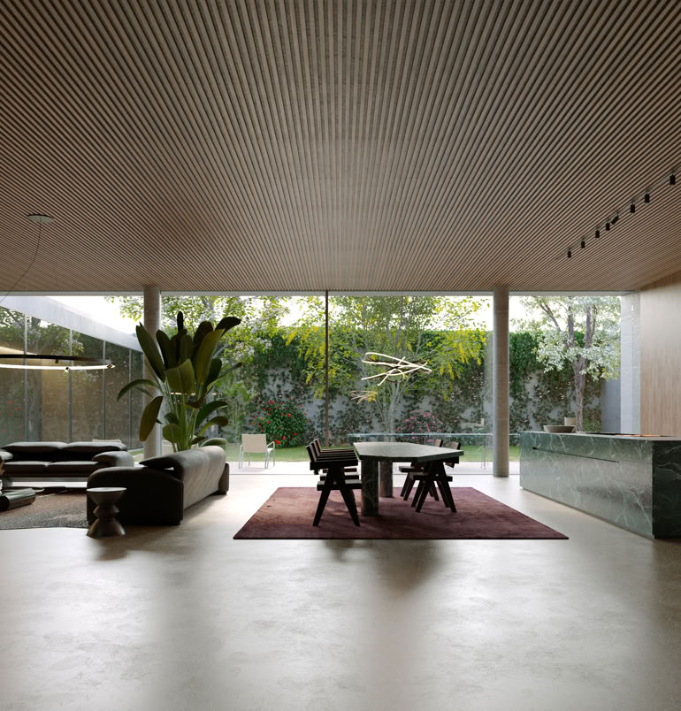 Residenza contemporanea firmata da MIDE architetti con ampie vetrate verso una corte interna.