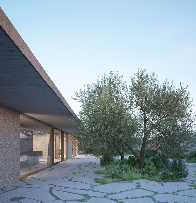 Exterior perspective showing the villa’s integration into the hillside and natural vegetation of Golfo Aranci.