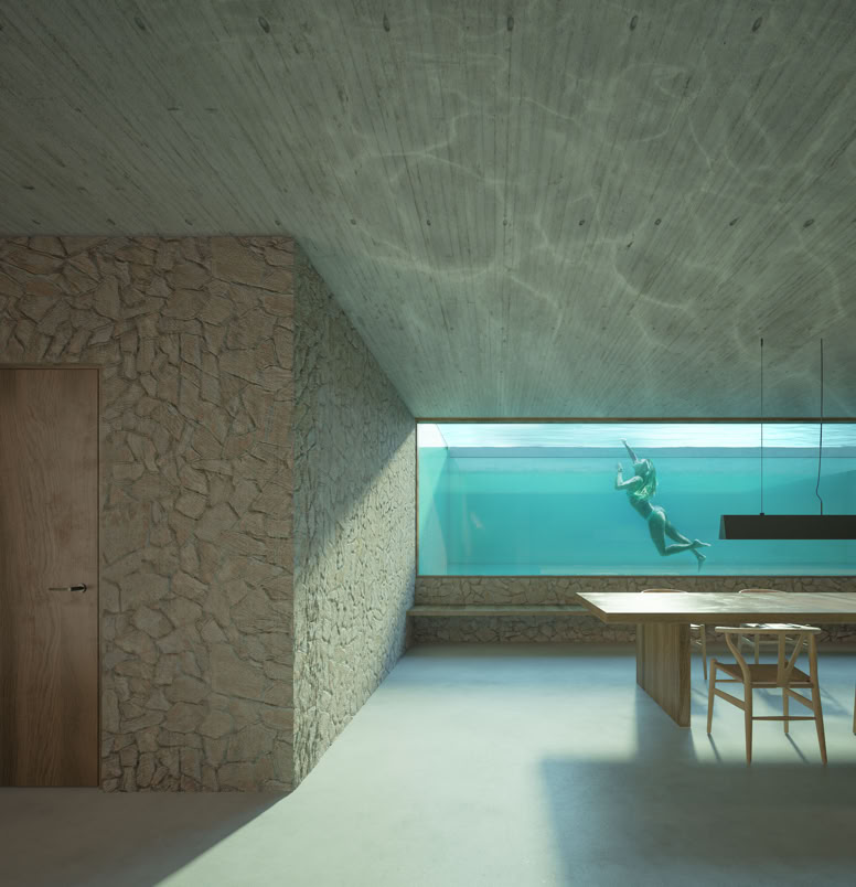 Basement level with bedrooms, wine cellar, and relaxation area overlooking the private pool.