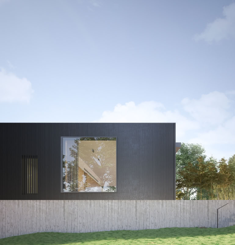 Residenza contemporanea affacciata sul fiume. MIDE architetti progetta una casa su due livelli con calcestruzzo, legno, metallo e grandi vetrate panoramiche.
