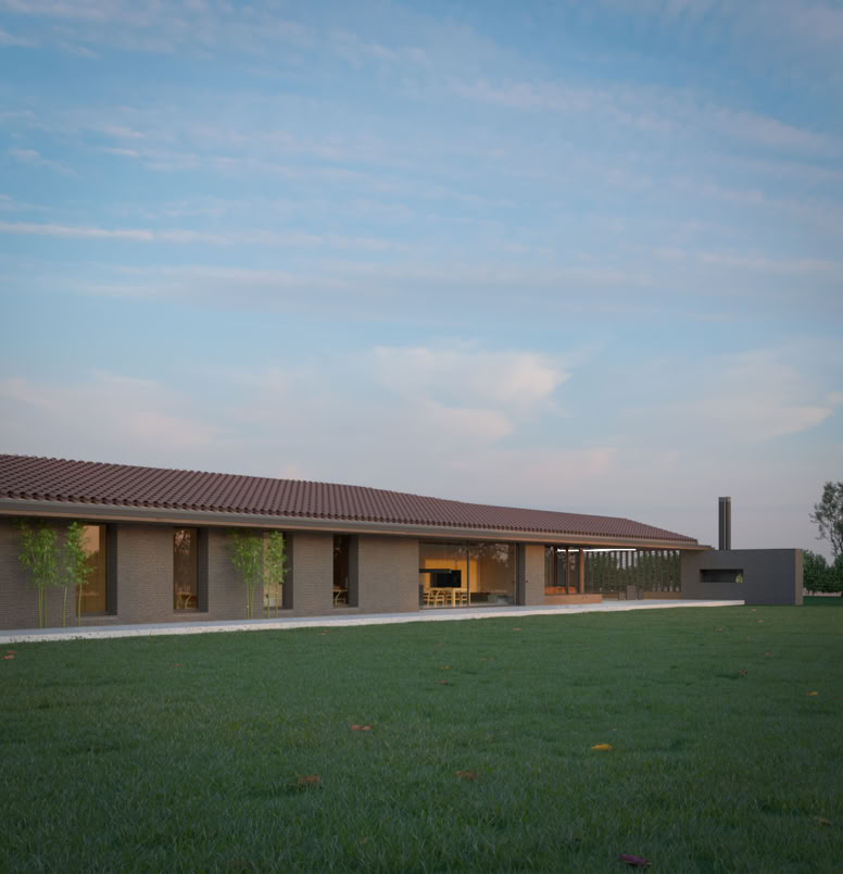 Portico con zona giorno e ampie vetrate che collegano interno ed esterno in abitazione moderna.
