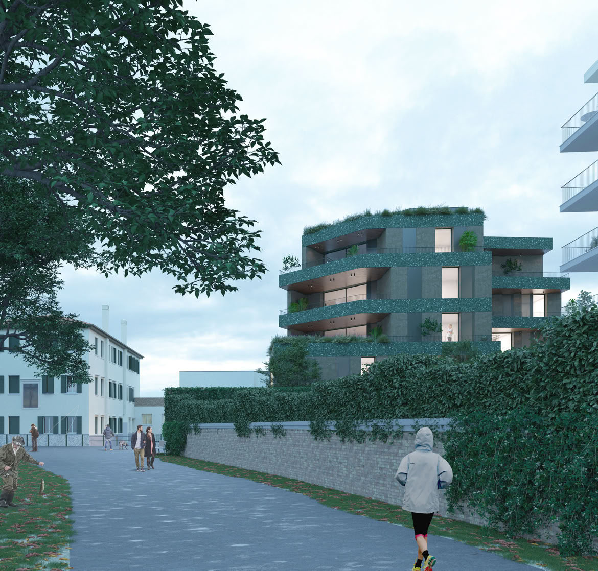 Prospetto principale del condominio residenziale di design a Treviso, con linee pulite e terrazze verdi.