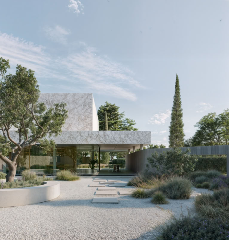 Villa contemporanea a Forte dei Marmi progettata da MIDE Architetti: giardino con piscina, interni in marmo e design moderno in armonia con la natura.fiume Piave.
